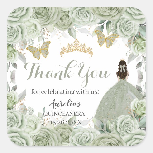 Quinceañera Sage Green Floral Princess Butterflies Square Sticker (Front)