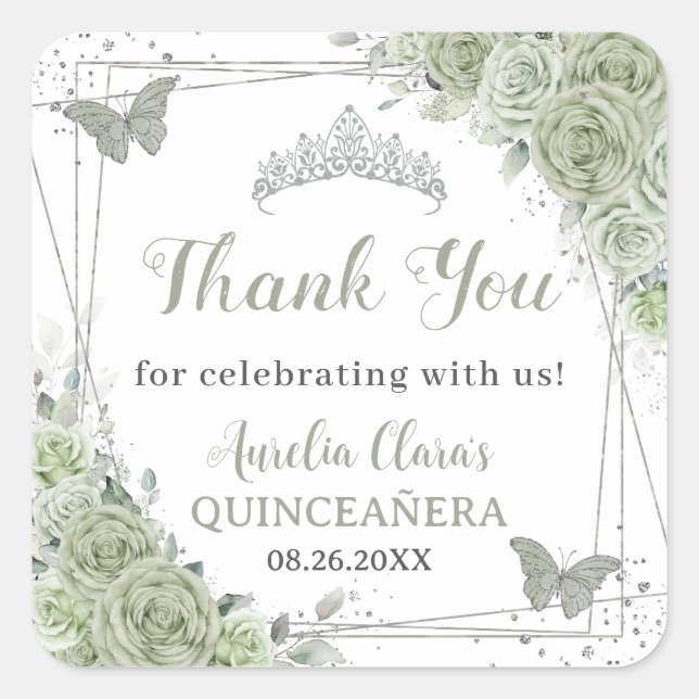 Quinceañera Sage Green Floral Silver Butterflies Square Sticker (Front)