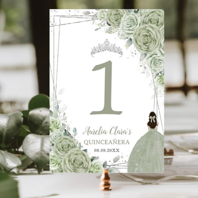 Quinceañera Sage Green Floral Silver Girl Dress Table Number (Creator Uploaded)