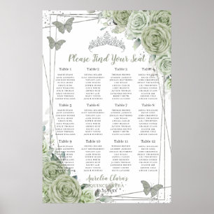Quinceañera Sage Green Floral Silver Seating Chart