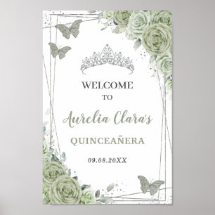 Quinceañera Sage Green Floral Silver Welcome Sign