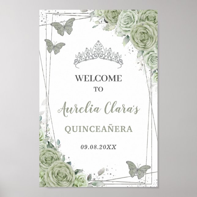 Quinceañera Sage Green Floral Silver Welcome Sign (Front)