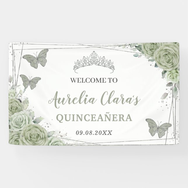 Quinceañera Sage Green Floral Welcome Backdrop Banner (Horizontal)