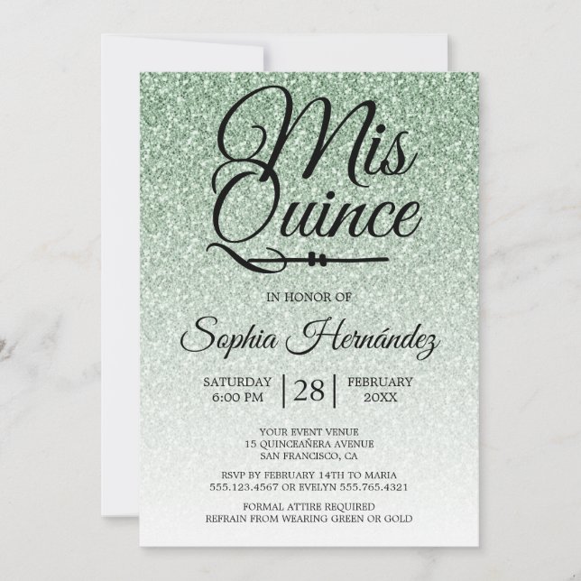 Quinceañera Sage Green Glitter 15th Birthday  Invitation (Front)