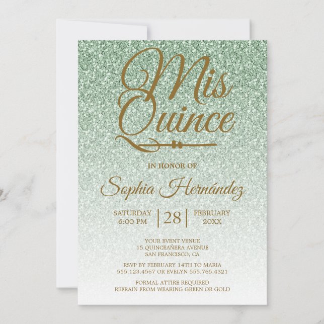 Quinceañera Sage Green Glitter 15th Birthday Invitation (Front)