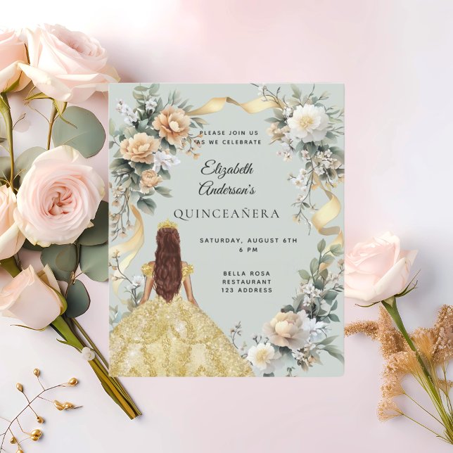 Quinceanera sage green gold dress roses invitation (Creator Uploaded)