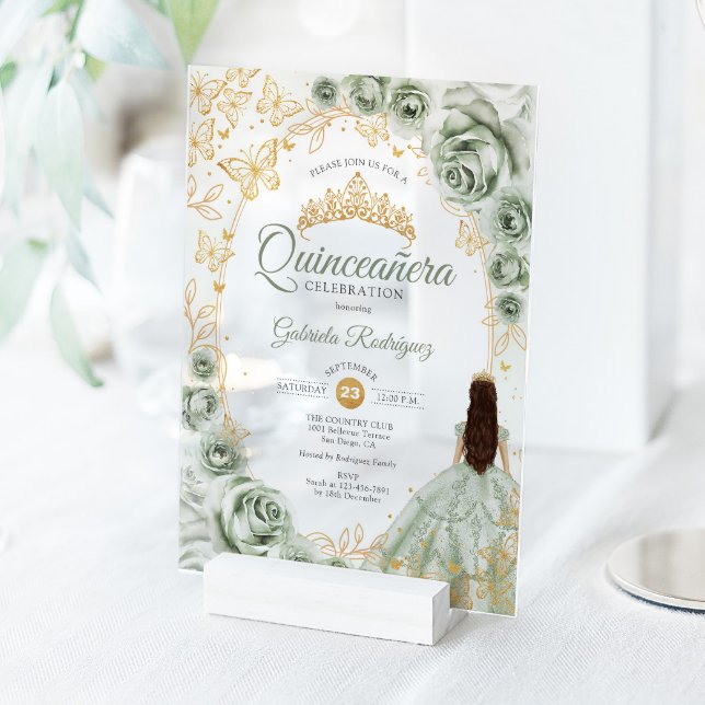 Quinceanera Sage Green Gold Floral Acrylic Invitations (Creator Uploaded)