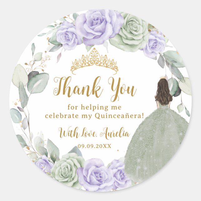 Quinceañera Sage Green Purple Lilac Floral Gold Classic Round Sticker (Front)
