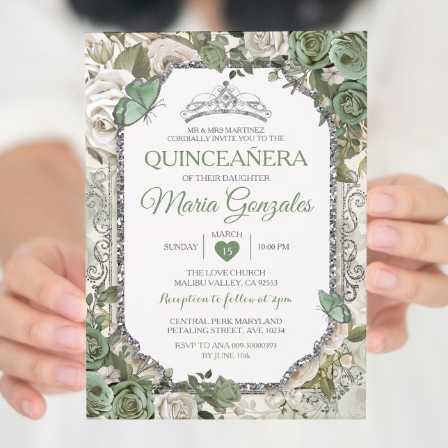 Quinceañera Sage Green & Silver Crown Butterfly Invitation (Creator Uploaded)