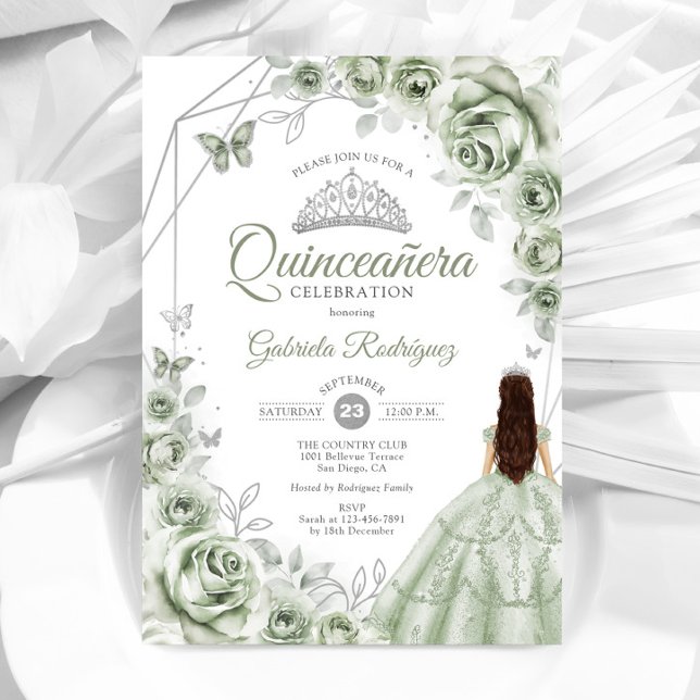 Quinceanera Sage Green Silver Dress Floral Invitation (Creator Uploaded)