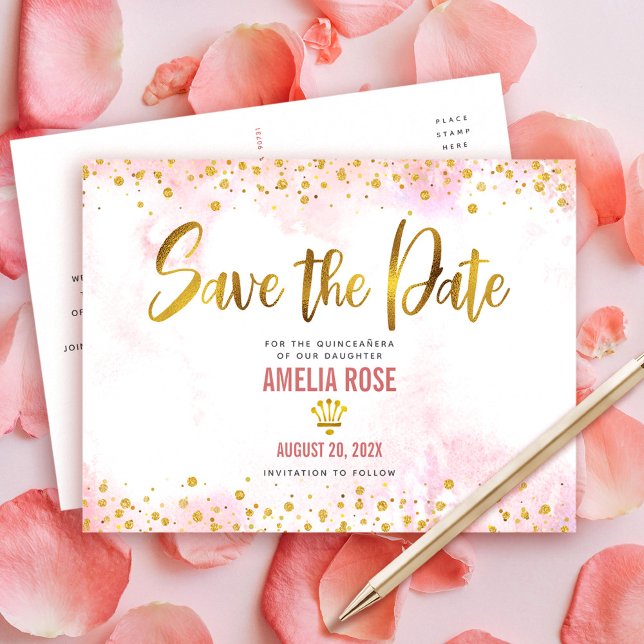 Quinceañera Save Date Blush Pink Watercolor Gold Invitation Postcard (Creator Uploaded)