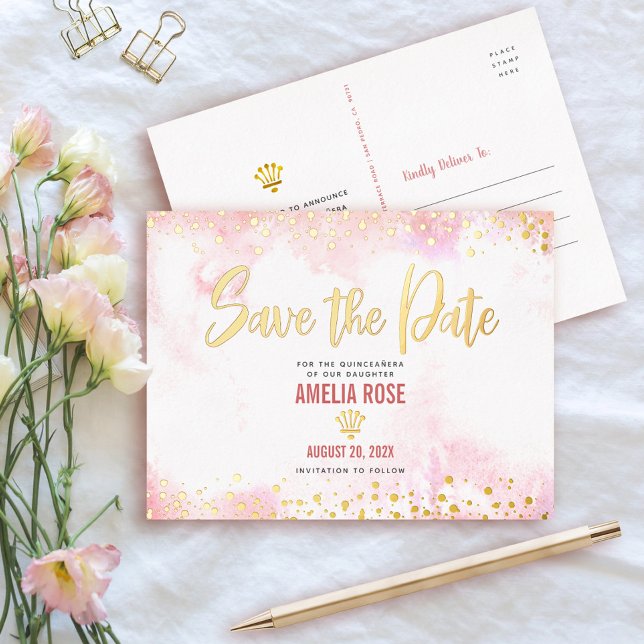 Quinceañera Save Date Crown Blush Pink Real Gold Foil Invitation Postcard (Creator Uploaded)