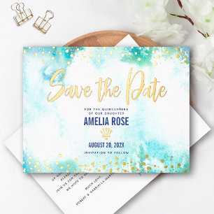 Quinceañera Save Date Crown Turquoise Real Gold Foil Invitation Postcard