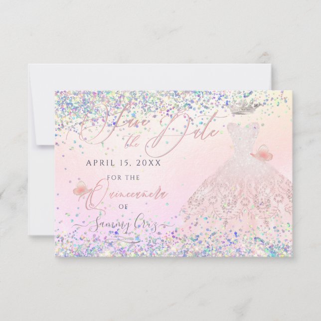 Quinceanera Save Date Holographic Confetti  Invita Invitation (Front)