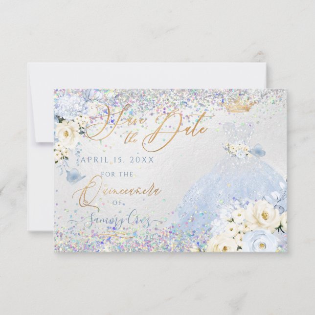 Quinceanera Save Date Holographic Confetti  Invitation (Front)