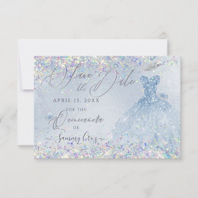 Quinceanera Save Date Holographic Confetti  Invitation (Front)