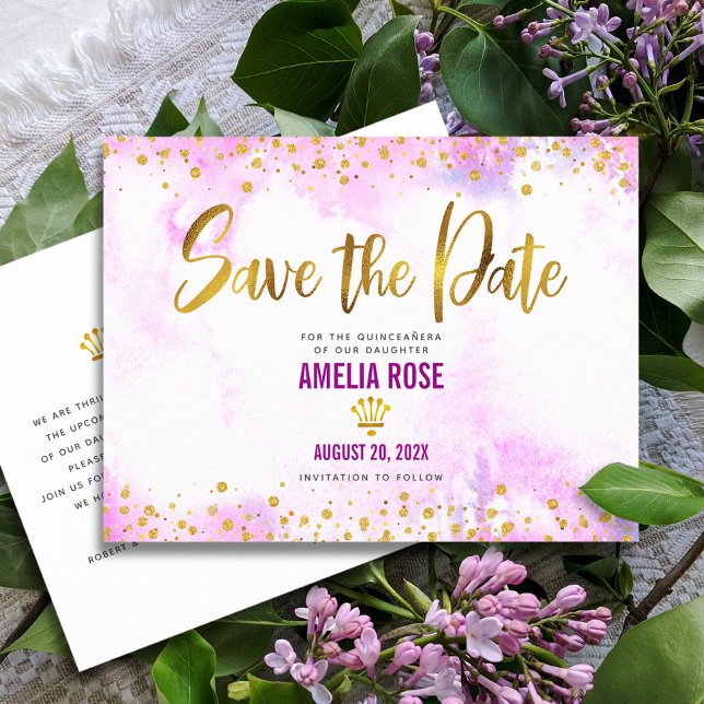 Quinceañera Save Date Pink Watercolor Gold Foil Invitation Postcard (Creator Uploaded)