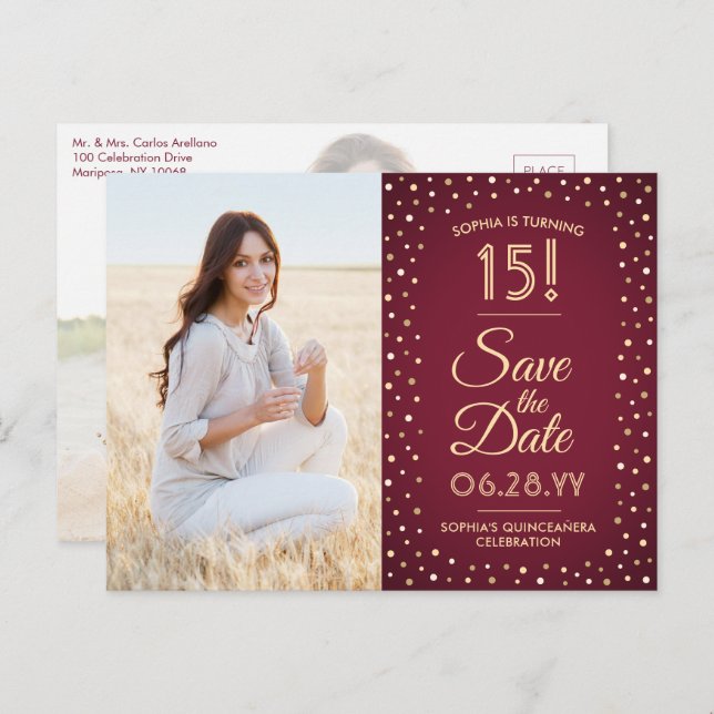 Quinceañera Save the Date 2 Photo Burgundy & Gold Invitation Postcard (Front/Back)