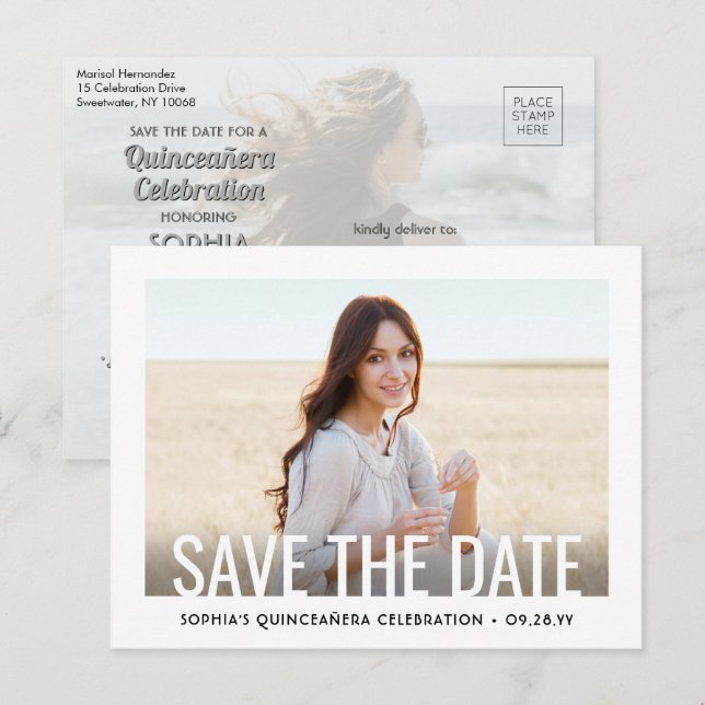 Quinceañera Save the Date 2 Photo Minimalist Announcement Postcard (Front/Back)