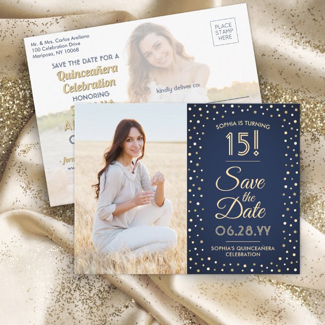 Quinceañera Save the Date 2 Photo Navy Blue & Gold Invitation Postcard (Creator Uploaded)