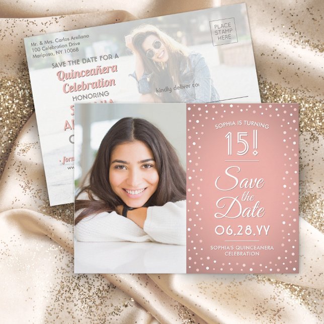 Quinceañera Save the Date 2 Photo Pink Confetti Invitation Postcard (Creator Uploaded)