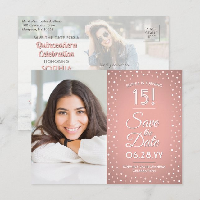 Quinceañera Save the Date 2 Photo Pink Confetti Invitation Postcard (Front/Back)