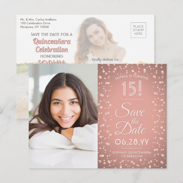 Quinceañera Save the Date 2 Photo Rose Gold Pink Invitation Postcard (Front/Back)