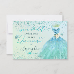 Quinceanera Save the Date Aqua Glitter Dress Invitation