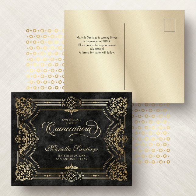 Quinceanera Save the Date Black Postcard (Creator Uploaded)