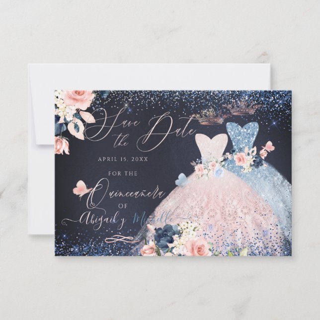 Quinceanera Save the Date Blush Dusty Blue Gowns   Invitation (Front)