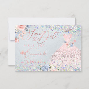 Quinceanera Save the Date Blush Pink Glitter Gown Invitation
