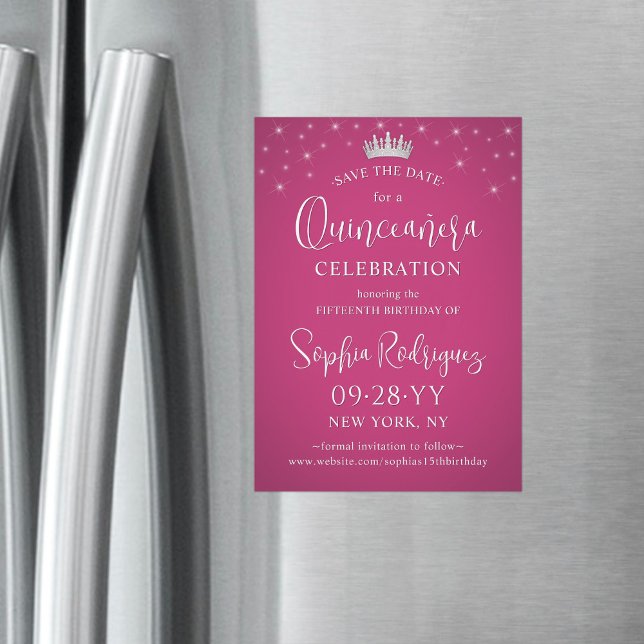 Quinceañera Save the Date Elegant Fuschia Pink Magnetic Invitation (Creator Uploaded)
