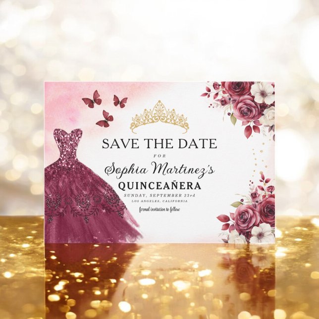 Quinceanera Save the Date Floral Burgundy  (Creator Uploaded)