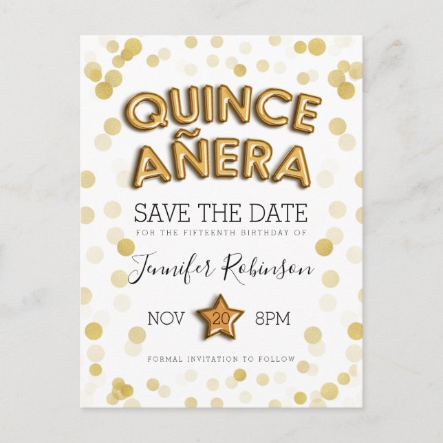 Quinceanera Save The Date Gold Balloons Glitter Announcement Postcard (Front)
