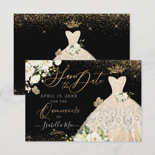 Quinceanera Save the Date Gold Faux Glitter Gown Invitation (Front/Back)