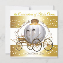 Quinceanera Save the Date Gold Princess Carriage