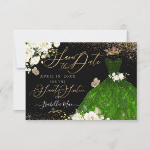 Quinceanera Save the Date Green Faux Glitter Gown Invitation