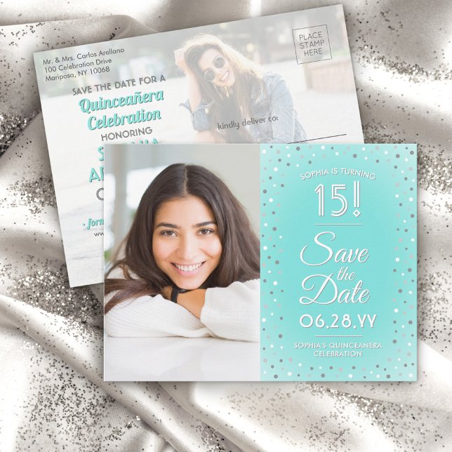 Quinceañera Save the Date Modern 2 Photo Teal Blue Invitation Postcard (Creator Uploaded)