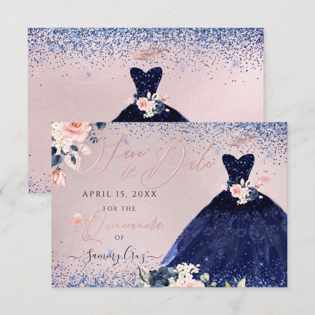 Quinceanera Save the Date Navy Blue Gown Invitation (Front/Back)