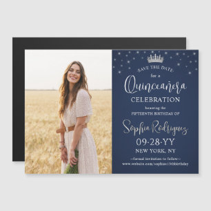 Quinceañera Save the Date Photo Navy Blue Stars Magnetic Invitation