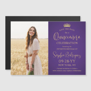 Quinceañera Save the Date Photo Purple and Gold Magnetic Invitation