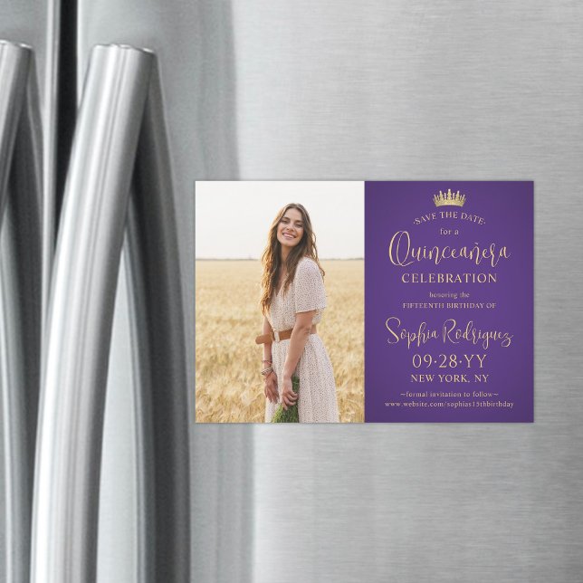 Quinceañera Save the Date Photo Purple and Gold Magnetic Invitation (Creator Uploaded)