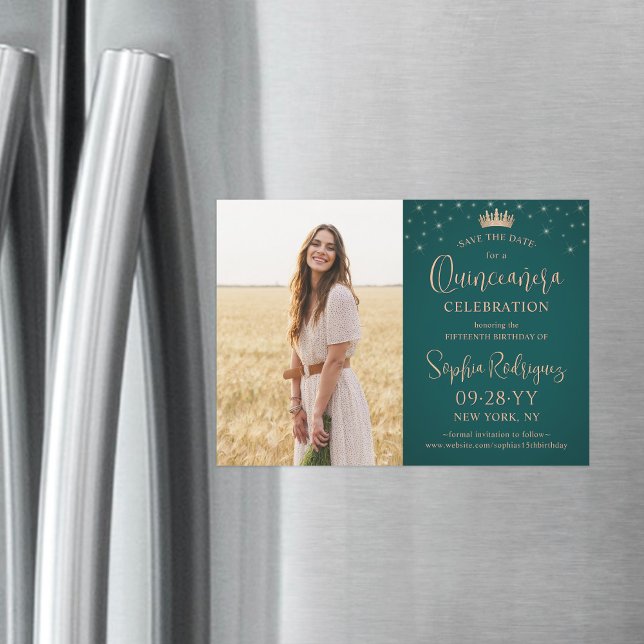 Quinceañera Save the Date Photo Rose Gold & Green Magnetic Invitation (Creator Uploaded)