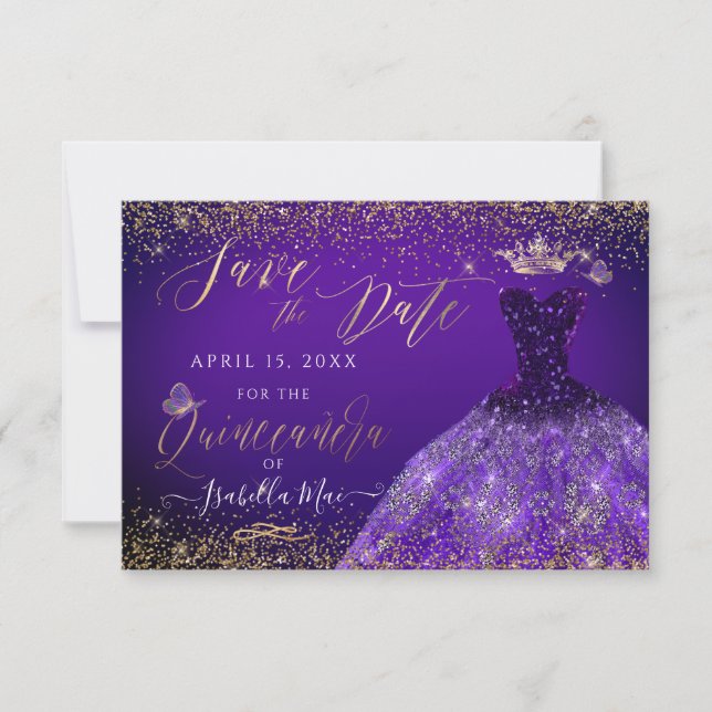 Quinceanera Save the Date Purple Gliter Gown Invitation (Front)