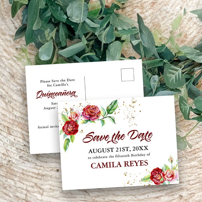 Quinceanera Save the Date Red Roses Watercolor Announcement Postcard (Quinceanera save the date postcard from my Vintage Floral Red Roses Quinceanera Collection)