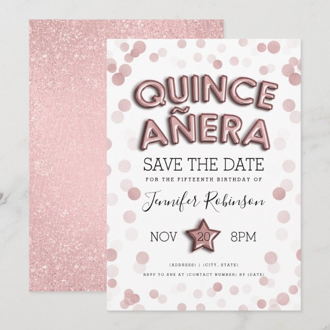 Quinceañera Save The Date Rose Gold Glitter Invitation (Front/Back)