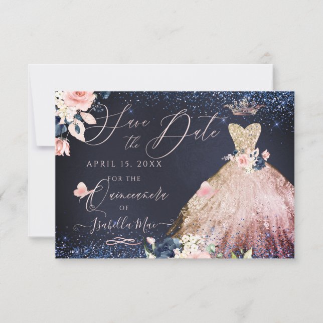 Quinceanera Save the Date Rose Gold Ombre Gown Invitation (Front)