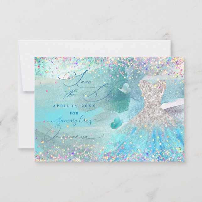 Quinceanera Save the Date Silver Aqua Blue Dress (Front)