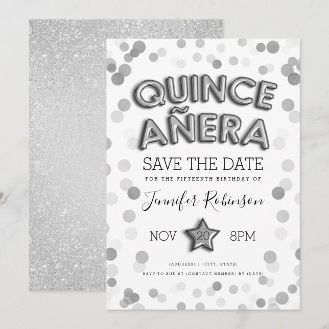 Quinceañera Save The Date Silver Balloons Glitter Invitation (Front/Back)