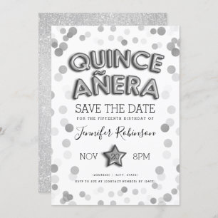 Quinceañera Save The Date Silver Balloons Glitter Invitation